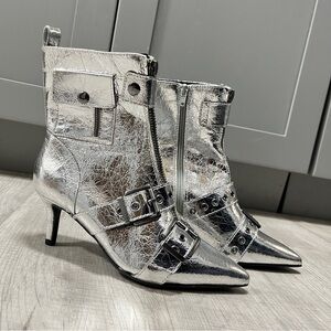 Wild Pair Silver Crinkle Ankle Boots with Buckle Detail, 7.5